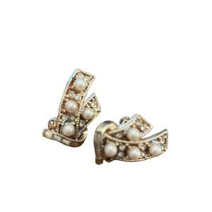 Vintage Coro Earrings Signed Faux Pearl rhinestones Baguettes Gold Tone Clip On